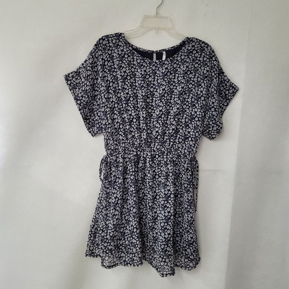 Indikah Dress Women S Blue Floral Drawstring Waist Short Sleeve Lined Blue Sheer